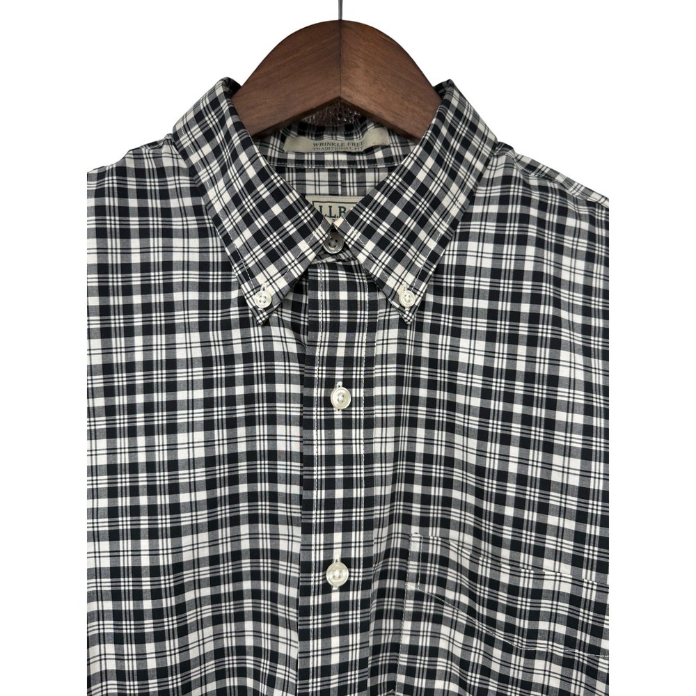 L.L.Bean Wrinkle Free Traditional Fit Plaid Button Up Shirt Men M Tall Blk White